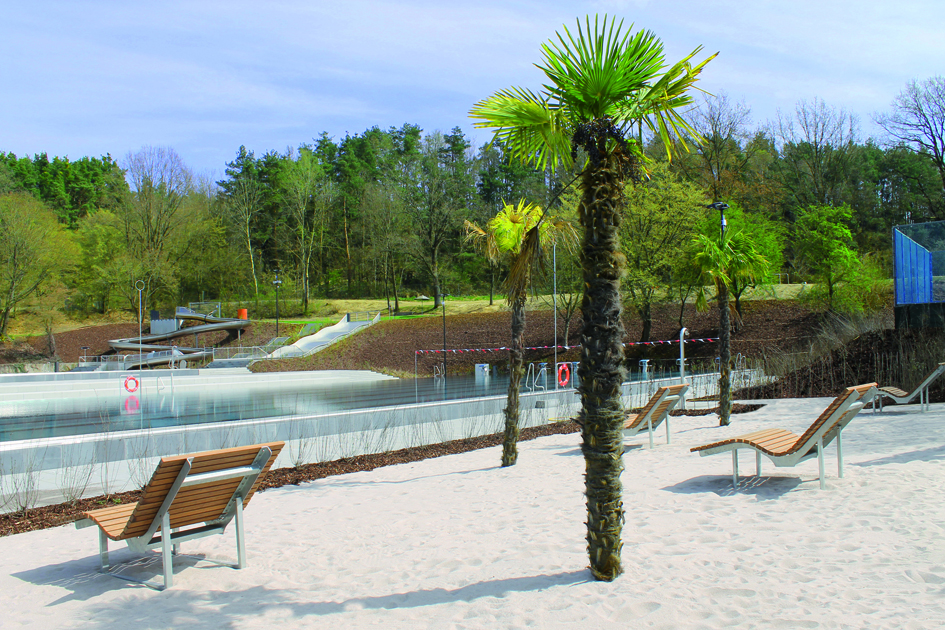 Sicht auf das Freibad mit Palmen und Liegen am Sandstrand.